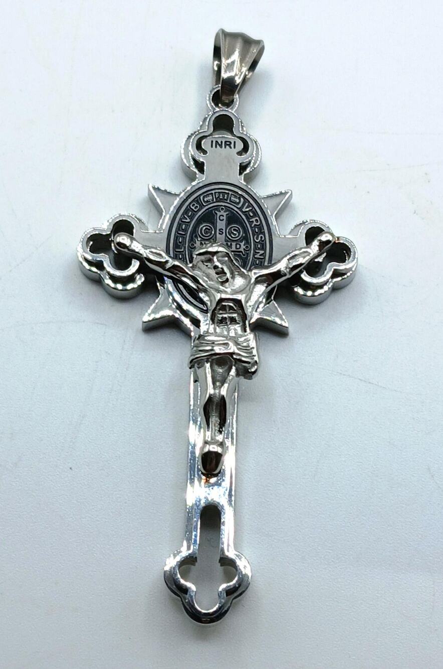 Silver Tone St Benedict Medal Crucifix Cross Pendant